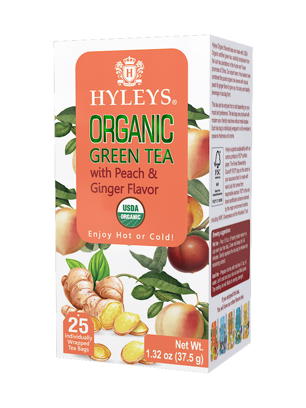 Hyleys Organic Green Tea Peach and Ginger Flavor - 25 Tea Bags