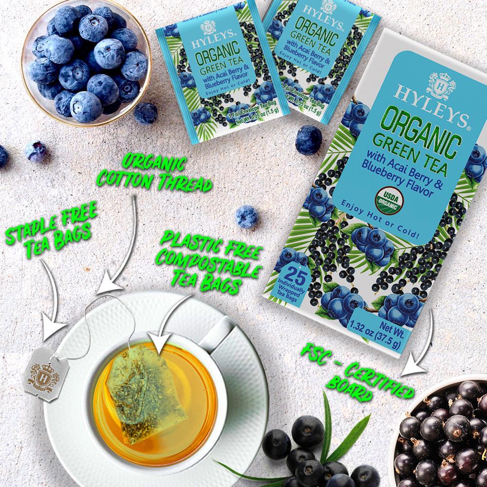 HYLEYS Organic Green Tea with Acai and Blueberry Flavor 25 Tea Bags