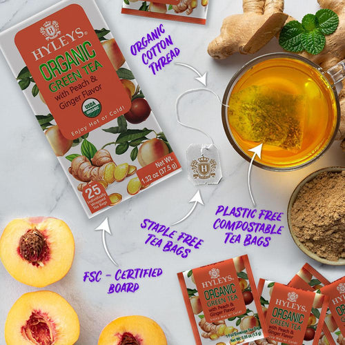 Hyleys Organic Green Tea Peach and Ginger Flavor - 25 Tea Bags